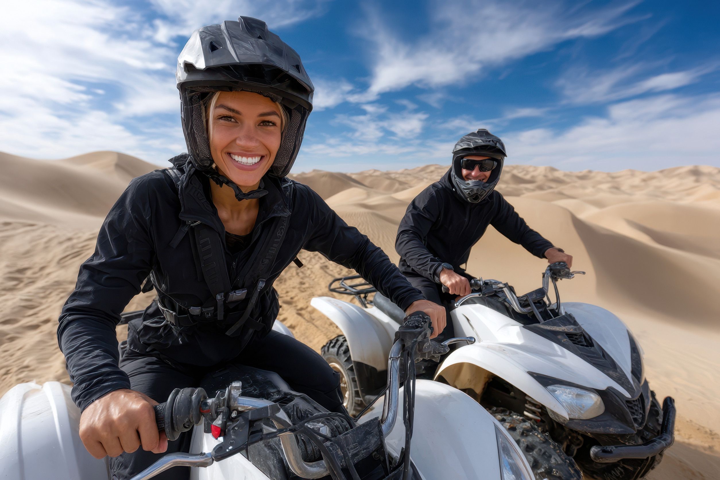 A Couple Engaged In Quad Biking In The Arabian Desert
