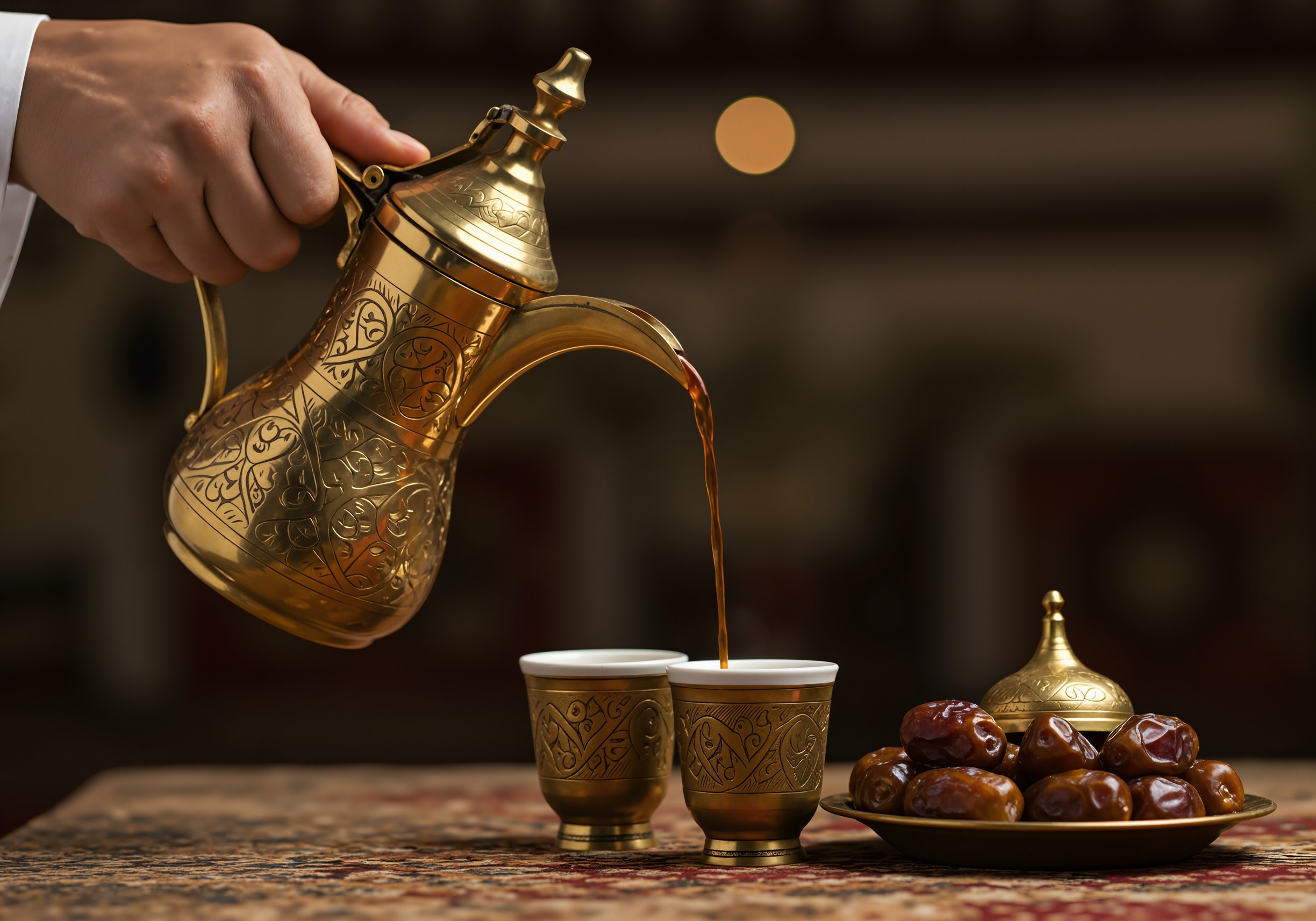 A Hand Pours Hot Arabic Coffee Symbolising Hospitality