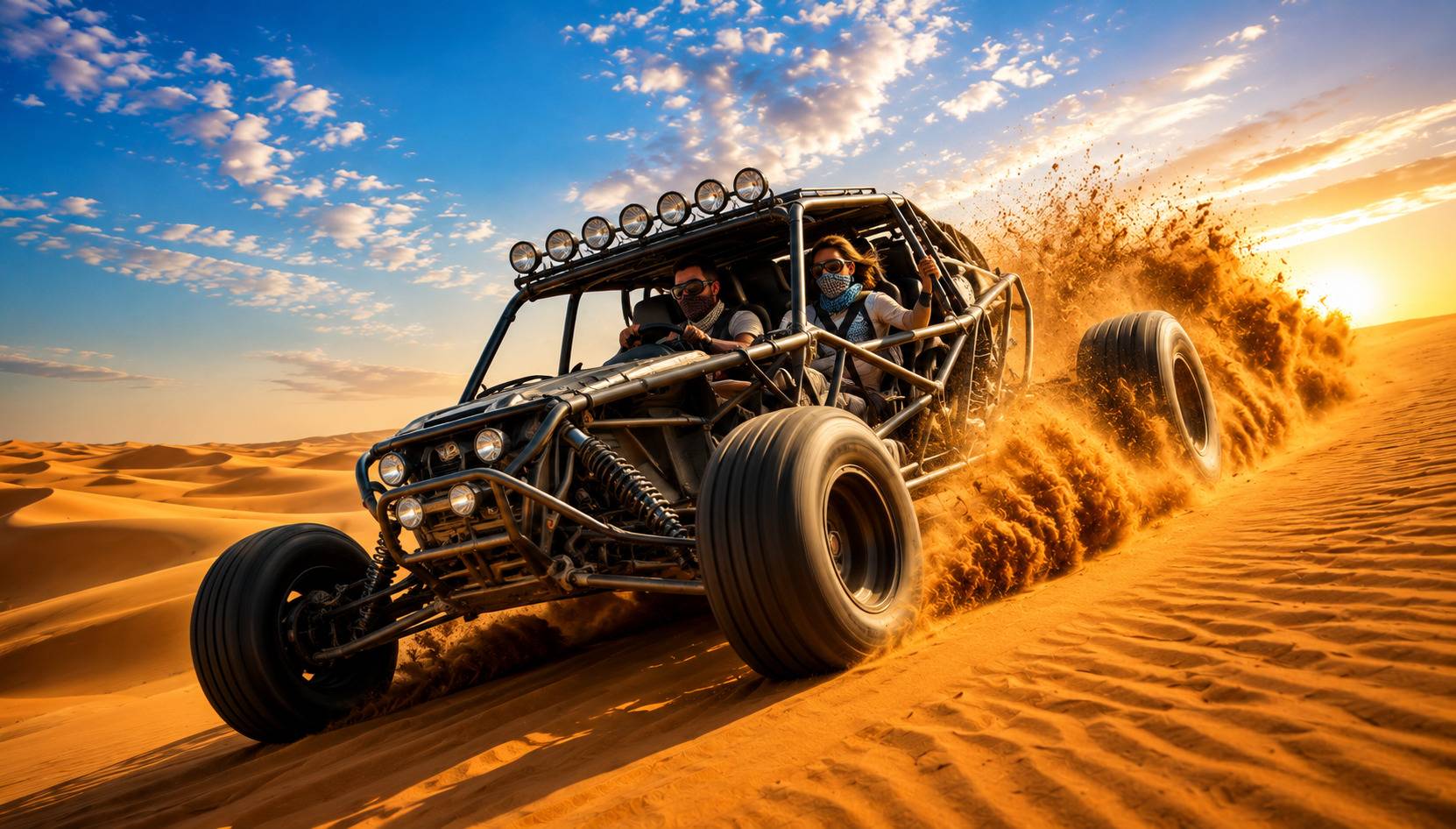 Couple Enjoying A Dune Buggy Ride In The Uae Desert
